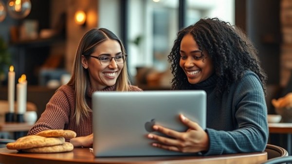 Women using laptop in café discussing AI brand mentions as business metric.
