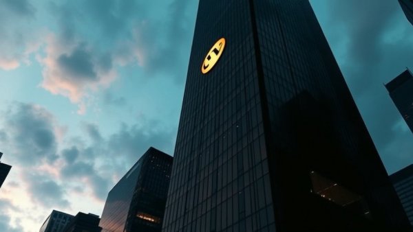 Futuristic skyscraper with glowing logo at dusk, AI acquisition concept.