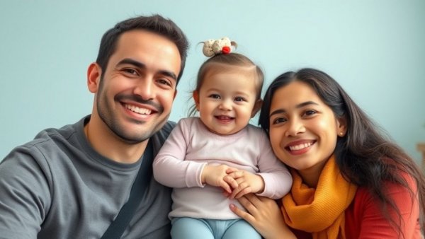 A smiling family of three posing together indoors.