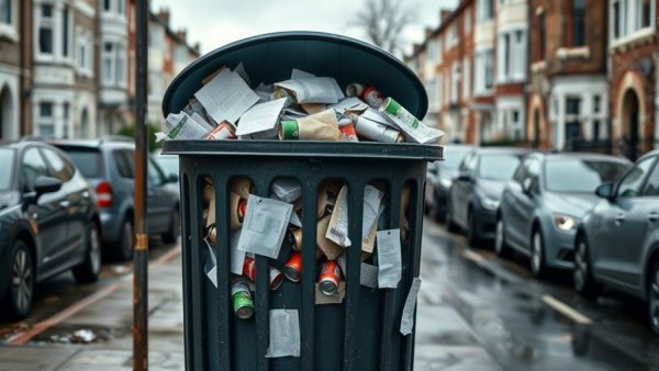 Overflowing recycling bin on a street in Central Bedfordshire during service dispute.