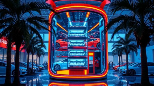 Surreal automotive vending machine in Michigan with vibrant colors.