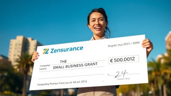 Zensurance Small Business Grant 2026 promotion featuring a businesswoman with a giant check.