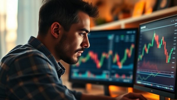 Focused analyst in warm-lit office analyzing investment data