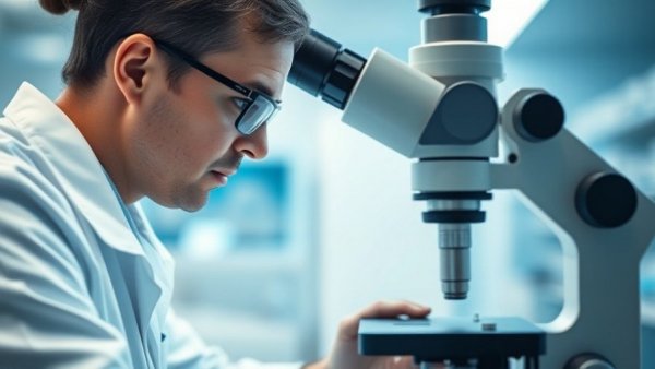 Scientist examining sample under microscope in sterile lab.