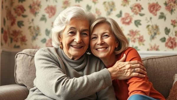 Senior care services Jersey: Elderly woman and caregiver hugging in cozy room.