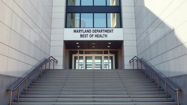Maryland Department of Health building entrance under bright light.