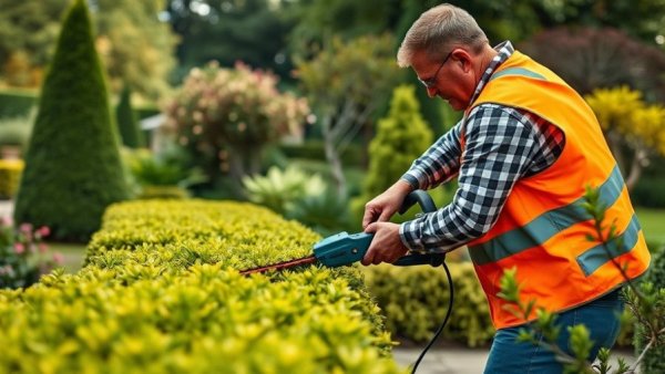 Landscaper in orange vest trims bushes, highlighting productivity in landscaping success.