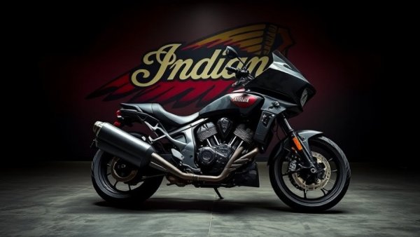 Indian Challenger Venum motorcycle in showroom with bold branding.