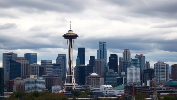 Overcast Seattle skyline with Space Needle, symbolizing a vibrant city.