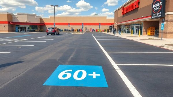 Senior parking regulations Muskegon highlighted in a supermarket parking lot with marked spaces.
