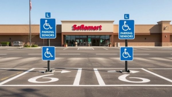 Senior parking spaces marked in blue at a supermarket lot.