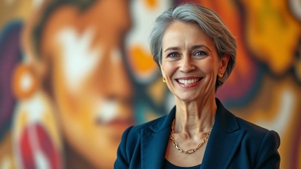 Confident woman smiling in a navy blazer, abstract background.