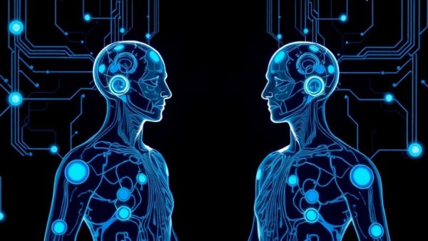 Digital twin technology in healthcare illustrated with abstract human figures.
