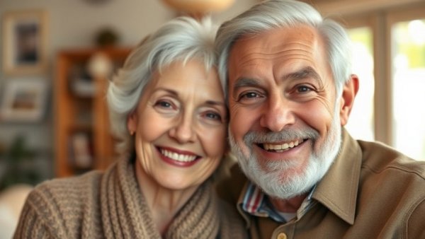 Elderly couple smiling in nostalgic photograph, indoor setting.