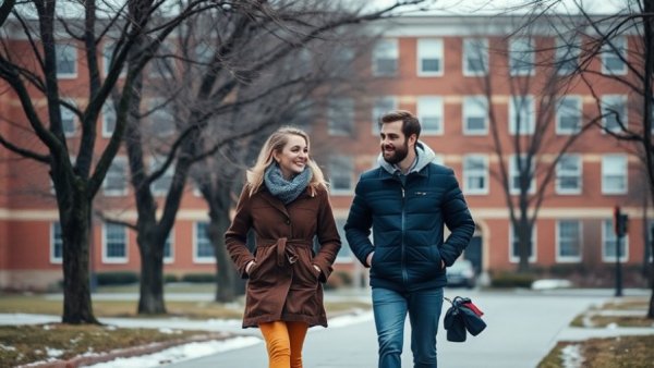 Students walking in winter on campus, independent living.