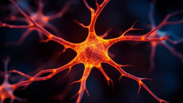 Glowing neuron network illustrating enzyme mutation impact on dementia.
