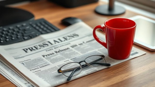 Press release newspaper, coffee, and glasses on desk.