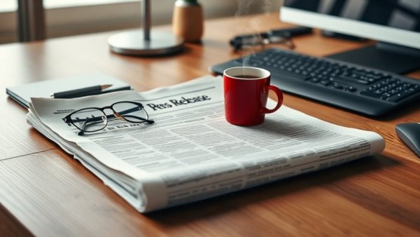 Office desk with newspaper headline 'Press Release' beside red coffee cup and glasses.