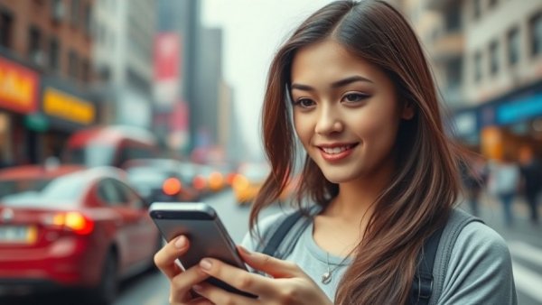 Young woman using smartphone with dynamic city background