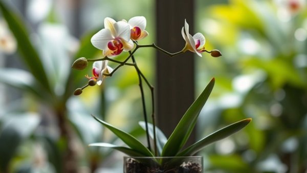 Orchid plant with long leaves in a pot, ready to bloom.