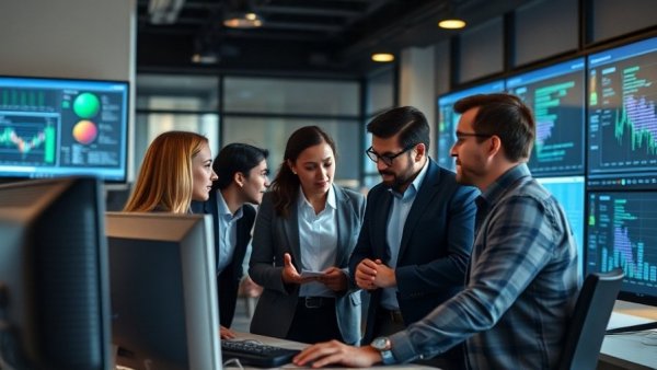 Business professionals analyzing data on a computer, discussing AI.