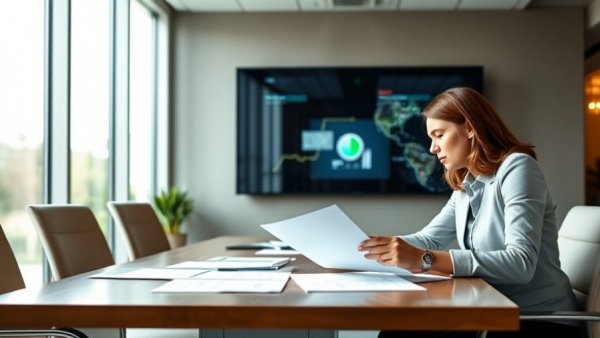 Business professionals discussing documents, modern office setting.