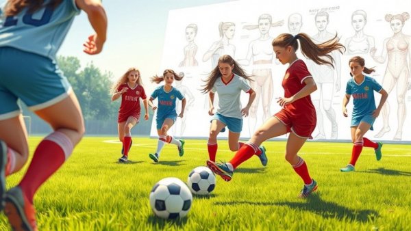 Focused female soccer players practicing dribbling for soccer injury reduction drills, dynamic energy.