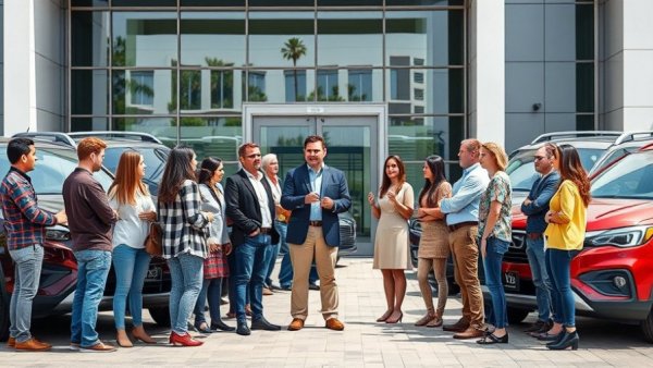 People attending automotive education program event outdoors.