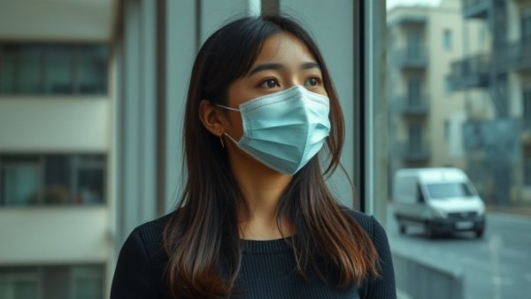 Woman wearing mask near window, highlighting Michigan hospital mandates.