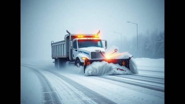 Powerful snow plow clearing snowy road in Muskegon winter storm.