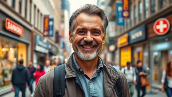 Local SEO strategies Muskegon: Smiling middle-aged man on bustling city street with shops.