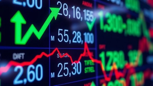 Stock market fluctuations and details on a ticker board.