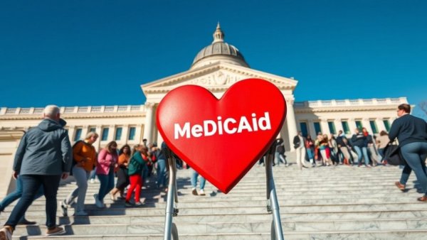 Medicaid advocacy sign at government steps for Medicaid work requirements.