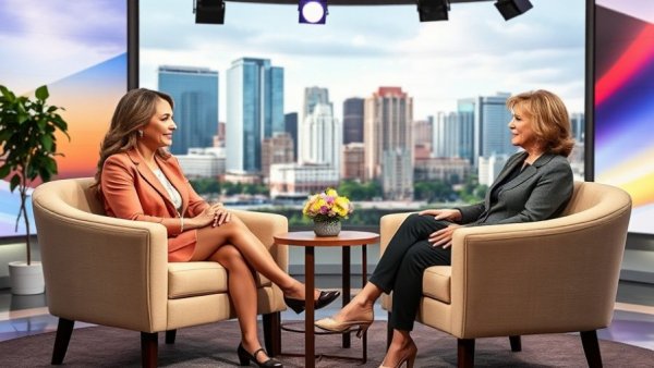 Studio interview discussing senior care advisors Muskegon with city backdrop.