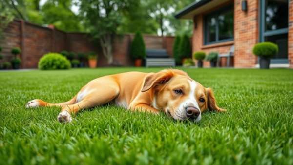 Dog resting in a pet-friendly landscaped backyard.