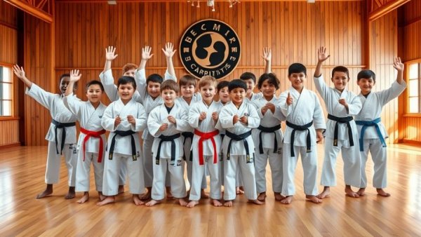 Young martial artists in uniform at a Gurnee class, smiling proudly.