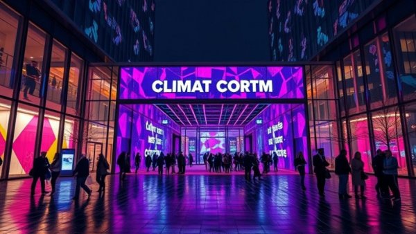 COP30 conference entrance with attendees at night, illuminated.