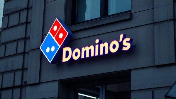 Illuminated Domino's sign on a Michigan building, bright colors.