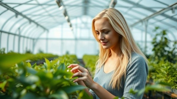 Focused woman analyzing plants in modern greenhouse, showcasing Missouri tech startup funding potential.