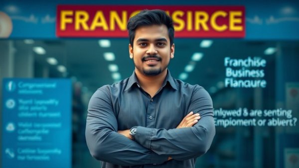 Confident Indian-origin entrepreneur with franchise concept backdrop.
