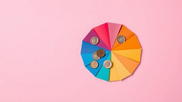 Colorful geometric segments with coins on pink background, showcasing financial distribution.