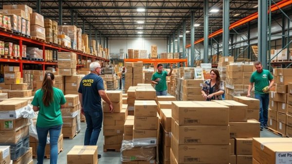 Volunteers packing food boxes in Michigan warehouse.
