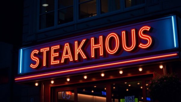 Neon-lit Michigan steakhouse sign glowing in the night.