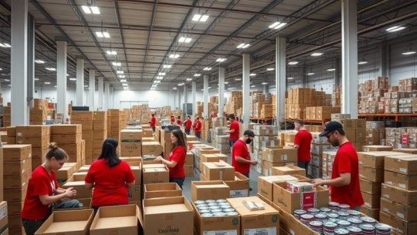 Michigan volunteers packing food boxes in warehouse