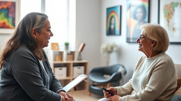 Therapist discussing with patient in office related to Illinois mental health insurance bill.