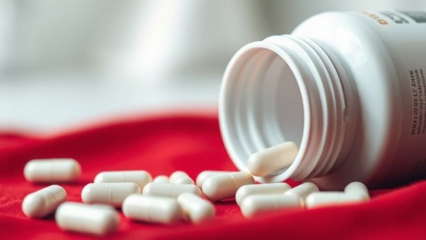 Capsules for postpartum depression treatment coverage on red cloth.