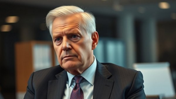 Focused older man in a suit in an office setting.