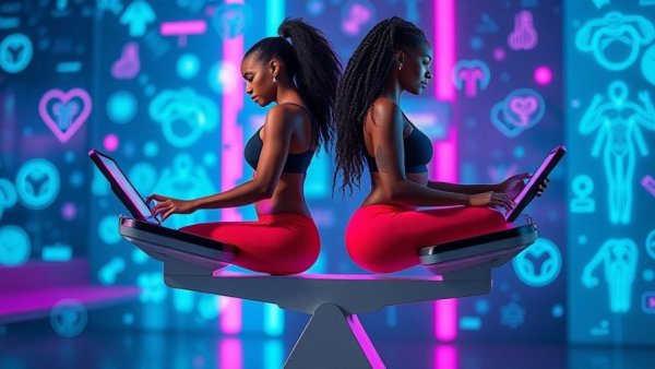 Symbolic fitness technology inequality with women on a scale.