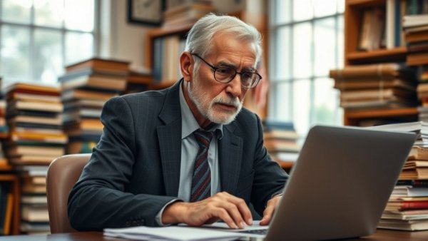 Older man working in academic office, representing contrarian approach to scientific research and retirement planning.