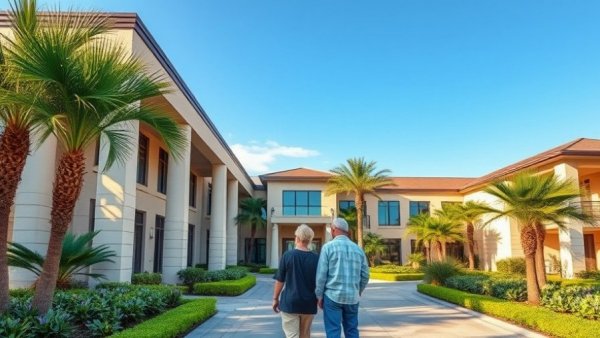 Elegant luxury senior living community St. Johns entrance with admiring couple.